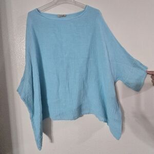 Sofia Made In Italy Linen Top L Oversized Boxy Textured Lagenlook Aqua Blue